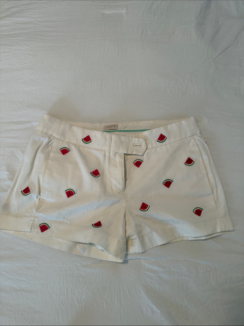 J. Crew White Cotton Shorts with Red & Green Watermelon Embroidery